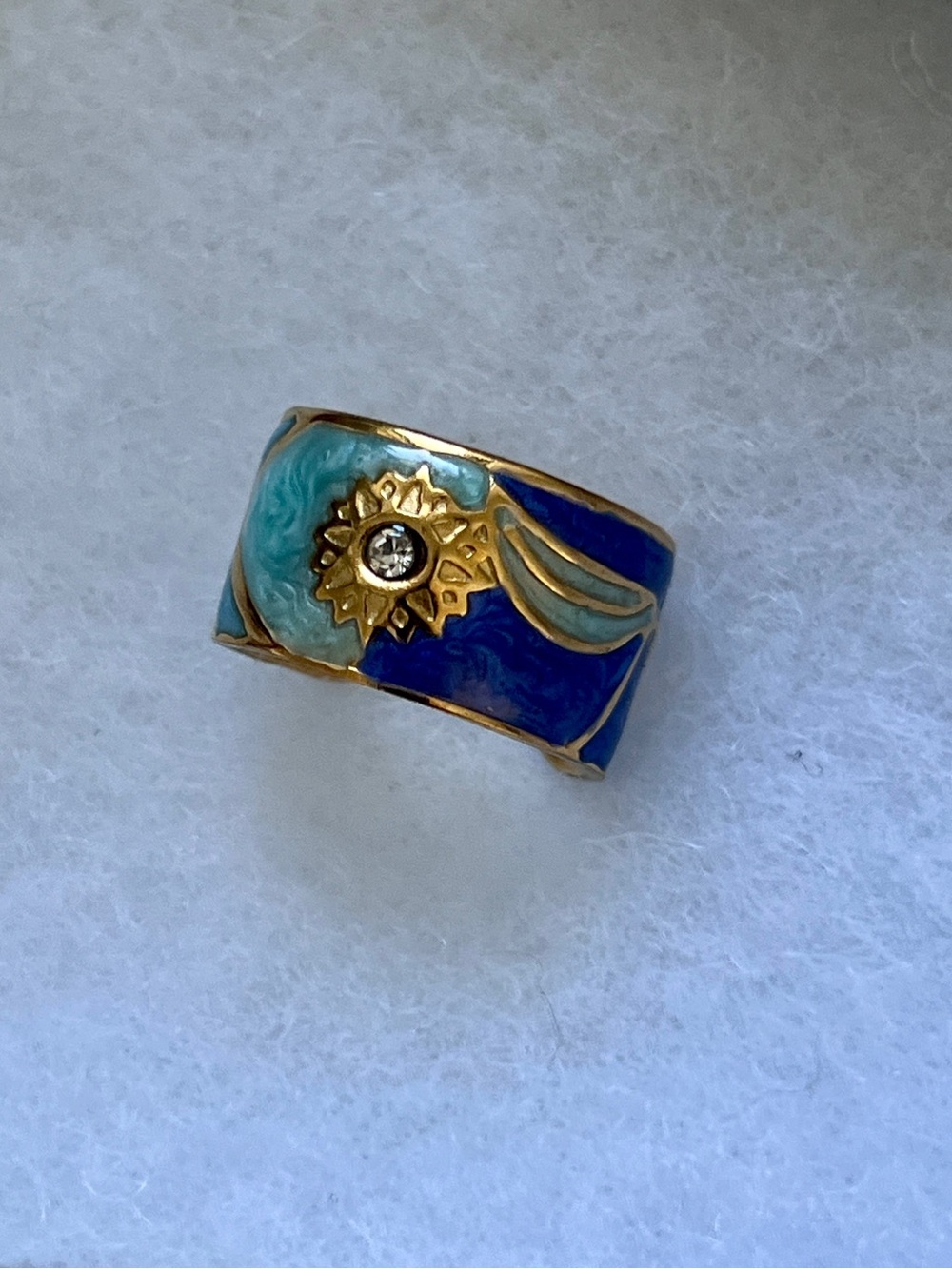Gold-Tone Blue & Teal Enamel Sunburst Adjustable Ring with Center Crystal
